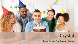  Presentation with team party - Presentation theme featuring celebration - corporate party and people concept background and a soft green colored foreground