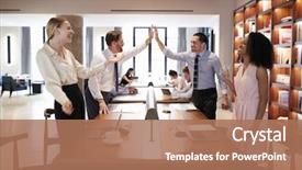  Presentation with success - Slide deck enhanced with celebration - four colleagues celebrating success background and a coral colored foreground