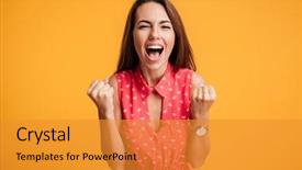  Presentation with successful - Amazing PPT theme having celebration - happy successful young woman backdrop and a gold colored foreground