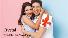  Presentation with young happy couple - Presentation enhanced with celebration - happy young couple standing isolated background and a lemonade colored foreground