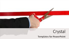  Presentation with cutting ribbon - Slide deck enhanced with opening celebration - man's hand cutting red ribbon background and a white colored foreground