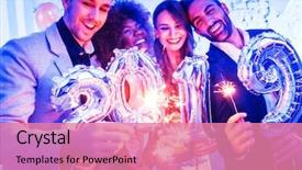  Presentation with new year 2019 - Amazing slide set having celebration - men and women celebrating backdrop and a coral colored foreground