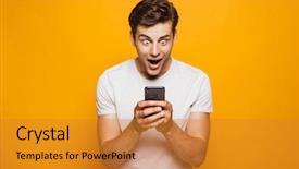  Presentation with young man on the phone - Amazing PPT theme having celebration - portrait of a shocked young backdrop and a gold colored foreground