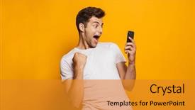  Presentation with portrait of excited overjoyed female - Presentation design featuring celebration - portrait of an excited young background and a gold colored foreground