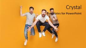  Presentation with virile young men - Presentation theme featuring celebration - three young excited men jumping background and a gold colored foreground