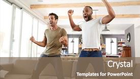  Presentation with television watching - Beautiful slide deck featuring celebration - two excited male friends celebrate backdrop and a violet colored foreground