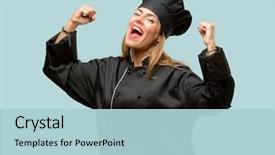  Presentation with energy power - Slide deck enhanced with celebration - young cook woman happy background and a light blue colored foreground