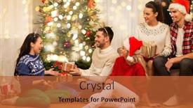  Presentation with christmas party - Slide set having celebration and holidays concept - happy friends with glasses celebrating christmas at home party and giving presents background and a red colored foreground