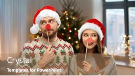  Presentation with happy holidays - Audience pleasing slide set consisting of celebration and holidays concept - happy couple in ugly sweaters posing with party props over christmas tree lights and home background backdrop and a coral colored foreground