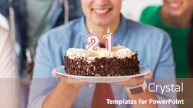  Presentation with first birthday - Slides consisting of celebration and people concept - close up of happy friends greeting man with cake at twenty first birthday at party background and a coral colored foreground