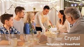  Presentation with happy birthday cake - Colorful presentation design enhanced with celebration and people concept - happy family with cake at birthday party at home backdrop and a coral colored foreground