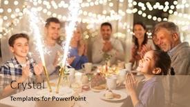  Presentation with birthday celebration - Cool new slide set with celebration birthday and people concept - happy family having dinner party with fountain fireworks or sparkler candles burning on cake at home backdrop and a coral colored foreground