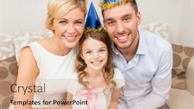  Presentation with birthday celebration - PPT theme having celebration family holidays and birthday concept - happy family with gift box background and a coral colored foreground