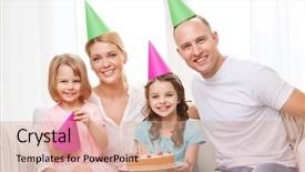  Presentation with birthday kids - Audience pleasing presentation design consisting of celebration family holidays and birthday concept - happy family with two kids in hats with cake at home backdrop and a coral colored foreground