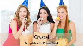  Presentation with bachelorette - PPT theme having celebration friends bachelorette party birthday concept - three smiling women wearing blue hats with gift boxes blowing favor horns background and a lemonade colored foreground