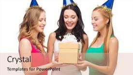  Presentation with bachelorette - Audience pleasing slide set consisting of celebration friends bachelorette party birthday concept - three smiling women wearing blue hats with gift box backdrop and a coral colored foreground