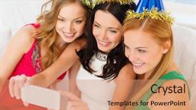  Presentation with bachelorette - Beautiful PPT theme featuring celebration friends bachelorette party birthday concept - three smiling women in blue hats having fun with smartphone photo camera backdrop and a coral colored foreground