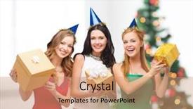  Presentation with bachelorette - Colorful PPT theme enhanced with celebration friends bachelorette party birthday concept - three smiling women wearing blue hats with gift boxes backdrop and a coral colored foreground