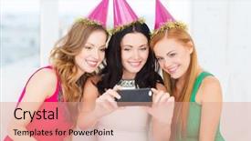  Presentation with bachelorette - Amazing slide deck having celebration friends bachelorette party birthday concept - three smiling women in pink hats having fun with smartphone photo camera backdrop and a coral colored foreground