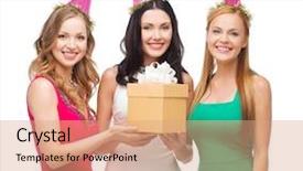  Presentation with bachelorette - Slide deck having celebration friends bachelorette party birthday concept - three smiling women wearing pink hats with gift box background and a coral colored foreground