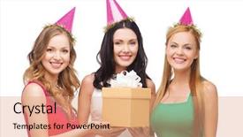  Presentation with bachelorette - PPT theme enhanced with celebration friends bachelorette party birthday concept - three smiling women wearing pink hats with gift box background and a coral colored foreground