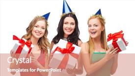  Presentation with bachelorette - Slide deck having celebration friends bachelorette party birthday concept - three smiling women wearing blue hats with gift boxes background and a coral colored foreground