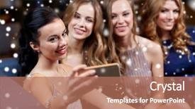  Presentation with bachelorette - Theme having celebration friends bachelorette party technology and christmas holidays concept - happy women with smartphone taking selfie at night club over snow background and a coral colored foreground