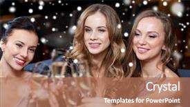  Presentation with bachelorette - PPT theme consisting of celebration friends new year christmas and winter holidays concept - happy women with champagne glasses at bachelorette party at night club over snow background and a coral colored foreground