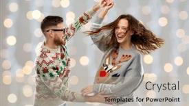  Presentation with party lights - Presentation design consisting of celebration fun and holidays concept - happy couple wearing ugly sweaters dancing at christmas party over festive lights background background and a mint green colored foreground