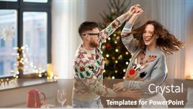  Presentation with christmas party - Presentation featuring celebration fun and holidays concept - happy couple wearing ugly sweaters dancing at christmas party background and a coral colored foreground