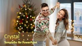  Presentation with christmas holidays - Presentation theme with celebration fun and holidays concept - happy couple wearing ugly sweaters dancing over christmas tree lights and home background background and a tawny brown colored foreground