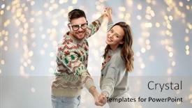  Presentation with party lights - PPT layouts having celebration fun and holidays concept - happy couple wearing ugly sweaters dancing at christmas party over festive lights background background and a coral colored foreground