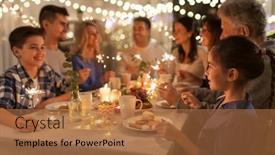  Presentation with dinner party - PPT theme having celebration holidays and christmas concept - happy family with sparklers having fun at dinner party at home background and a red colored foreground
