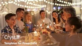  Presentation with dinner party - Presentation theme with celebration holidays and christmas concept - happy family with sparklers having fun at dinner party at home background and a red colored foreground