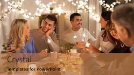  Presentation with dinner party - Colorful presentation theme enhanced with celebration holidays and christmas concept - happy family with sparklers having fun at dinner party at home backdrop and a coral colored foreground