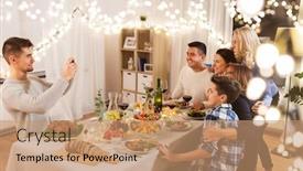  Presentation with dinner party - Slide set having celebration holidays and people concept - happy family having dinner party at home and taking selfie by smartphone background and a coral colored foreground