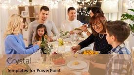  Presentation with dinner party - Presentation theme featuring celebration holidays and people concept - happy family having dinner party at home background and a coral colored foreground