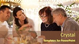  Presentation with tea party - Beautiful slide set featuring celebration holidays and people concept - happy family with smartphone having tea party at home backdrop and a tawny brown colored foreground