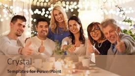  Presentation with tea party - Colorful presentation theme enhanced with celebration holidays and people concept - happy family having tea party at home backdrop and a coral colored foreground