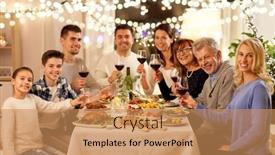  Presentation with dinner party - PPT layouts enhanced with celebration holidays and people concept - happy family having dinner party drinking red wine and toasting at home background and a coral colored foreground