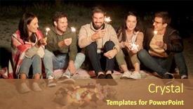  Presentation with camp - Slide deck consisting of celebration holidays and people concept - happy friends with sparklers sitting at camp fire on beach at night background and a red colored foreground