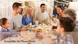  Presentation with tea party - Beautiful slides featuring celebration holidays and people concept - happy family having tea party at home backdrop and a coral colored foreground