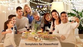  Presentation with happy holidays - Audience pleasing slide set consisting of celebration holidays and people concept - happy family having dinner party at home and taking selfie by smartphone backdrop and a coral colored foreground