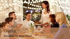  Presentation with dinner party - Cool new PPT theme with celebration holidays and people concept - happy woman offering roast chicken to family having dinner party at home backdrop and a coral colored foreground