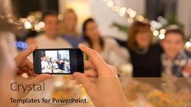  Presentation with dinner party - Slide set enhanced with celebration holidays and people concept - man with smartphone taking picture of family at dinner party background and a coral colored foreground