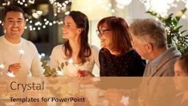  Presentation with tea party - Audience pleasing PPT theme consisting of celebration holidays and people concept - happy family with sparklers having tea party at home backdrop and a coral colored foreground