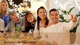  Presentation with dinner party - Beautiful PPT theme featuring celebration holidays and people concept - happy family having dinner party at home and taking selfie by smartphone backdrop and a coral colored foreground