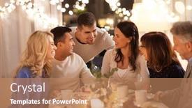  Presentation with tea party - Beautiful presentation theme featuring celebration holidays and people concept - happy family having tea party at home backdrop and a coral colored foreground