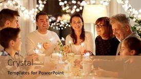  Presentation with tea party - PPT theme having celebration holidays and people concept - happy family with sparklers having tea party at home background and a coral colored foreground