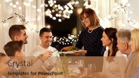  Presentation with dinner party - Presentation design featuring celebration holidays and people concept - happy senior woman offering roast chicken to family having dinner party at home background and a coral colored foreground